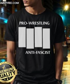 Alt Text: Official Pro-Wrestling Anti-Fascist Four White Lines parody logo T-shirt featuring bold graphics and a statement design.