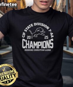 Alt Text: Official Redding Christian Lions CIF State Division 7-AA Champions T-Shirt featuring team colors and logo design.