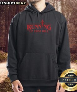 Official Running Up That Hill Hoodie in black, featuring iconic lyrics and a comfortable fit, perfect for fans.