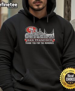 Alt Text: Official San Francisco 49ers hoodie featuring a city skyline design, perfect for fans celebrating memories of the team.