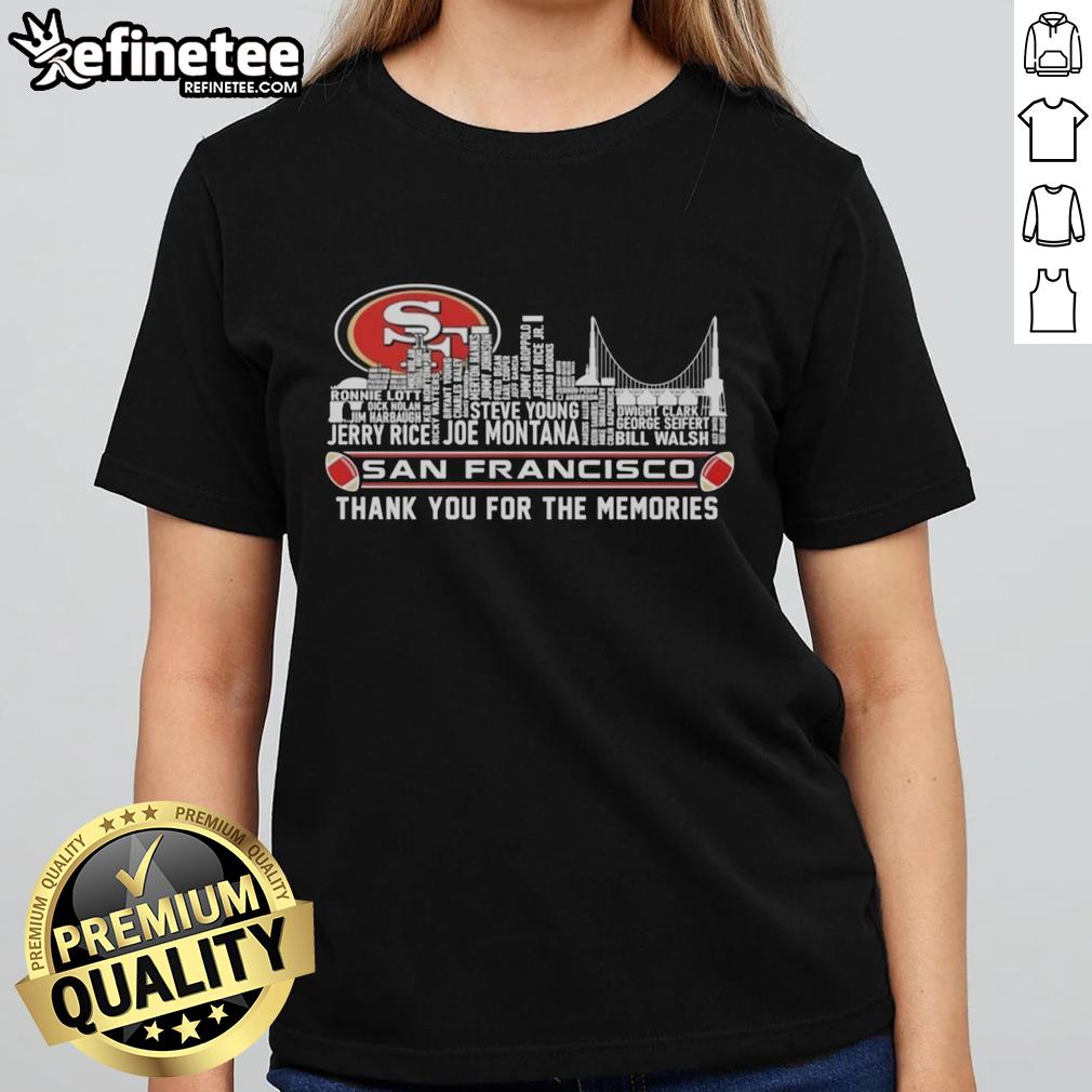 official-san-francisco-49ers-thank-you-for-the-memories-city-skyline-ladies-tee Official San Francisco 49ers Thank You For The Memories tee featuring the city skyline, perfect for fans.