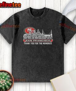 Alt Text: Official San Francisco 49ers 'Thank You For The Memories' city skyline washed t-shirt in red with iconic design.