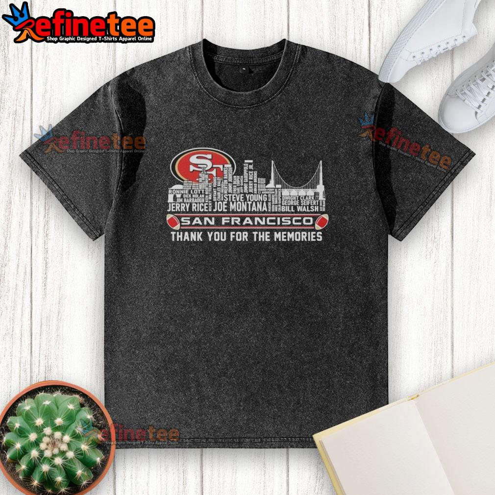 official-san-francisco-49ers-thank-you-for-the-memories-city-skyline-washed-t-shirt Alt Text: Official San Francisco 49ers 'Thank You For The Memories' city skyline washed t-shirt in red with iconic design.