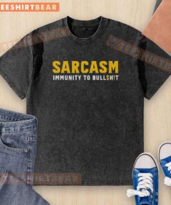 Official Sarcasm Immunity to Bullshit Washed T-Shirt in soft fabric, showcasing a humorous design for casual wear.