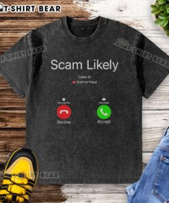 Alt Text: Official Scam Likely Caller ID washed t-shirt featuring bold text design, perfect for casual wear and raising awareness.