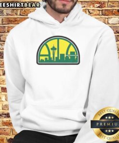 Official Seattle NBA Skyline Hardwood Logo Hoodie featuring iconic Seattle skyline design and vibrant team colors.
