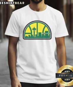 Official Seattle NBA Skyline Hardwood Logo T-Shirt featuring the iconic skyline design and team colors, perfect for fans.
