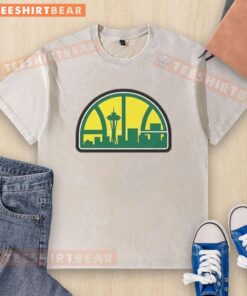 Official Seattle NBA Skyline Hardwood Logo Washed T-Shirt featuring a stylish design and vibrant team colors.