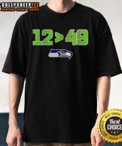 Official Seattle Seahawks 12 Greater Than 49 2025 NFC West Champions Skyline T-Shirt showcasing team pride and victory.