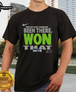 Official Seattle Seahawks 2025 NFC West Champions T-Shirt featuring team logo and vibrant colors, perfect for fans.
