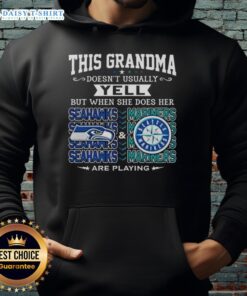 Grandma wearing a Seattle Seahawks and Mariners hoodie, ready to cheer passionately for her teams.