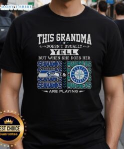 Grandma wearing a Seattle Seahawks and Mariners T-shirt, expressing excitement with a playful slogan about yelling.