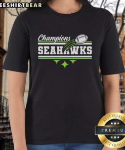 Official Seattle Seahawks Football 2026 Champion Banner Ladies Tee showcasing team pride and celebration.