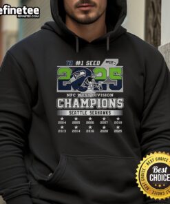 Official Seattle Seahawks NFC West Champions 2025-2026 Seed 1 hoodie featuring the iconic helmet logo.