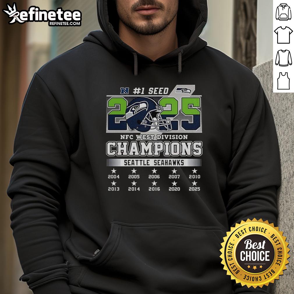 official-seattle-seahawks-nfc-west-champions-2025-2026-seed-1-helmet-logo-hoodie Official Seattle Seahawks NFC West Champions 2025-2026 Seed 1 hoodie featuring the iconic helmet logo.
