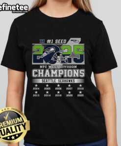 Alt Text: Official Seattle Seahawks NFC West Champions 2025-2026 Seed 1 helmet logo on a stylish ladies' tee shirt.