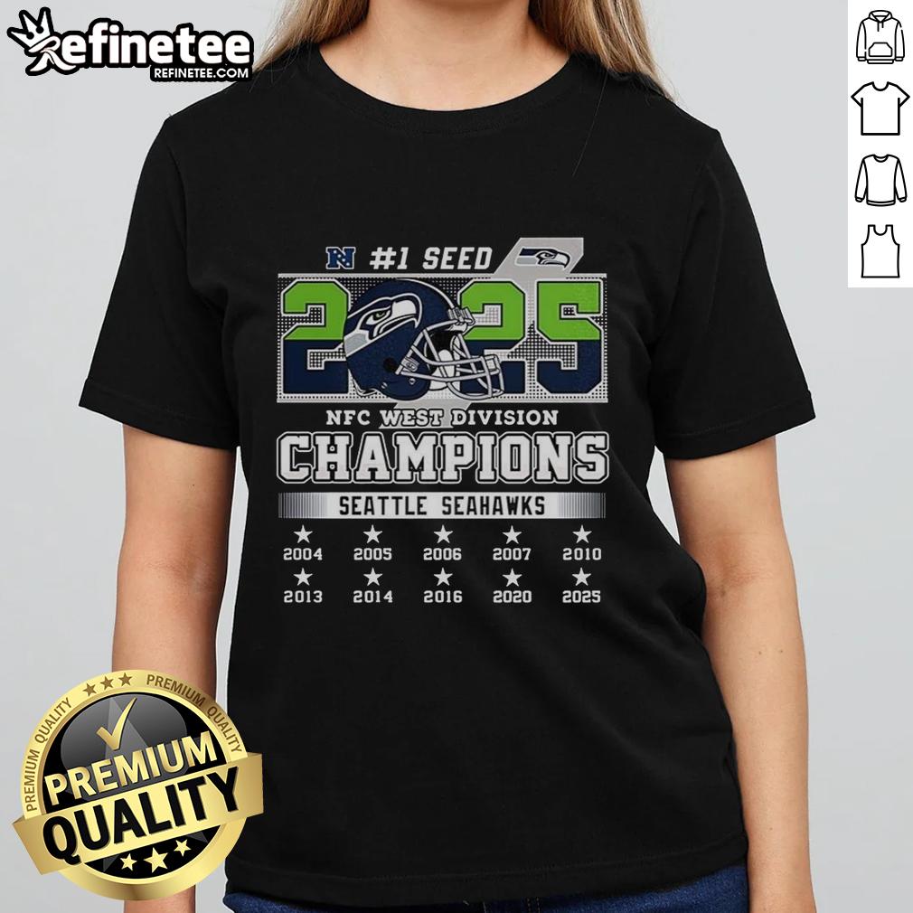 official-seattle-seahawks-nfc-west-champions-2025-2026-seed-1-helmet-logo-ladies-tee Alt Text: Official Seattle Seahawks NFC West Champions 2025-2026 Seed 1 helmet logo on a stylish ladies' tee shirt.