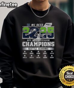 Alt Text: Official Seattle Seahawks NFC West Champions 2025-2026 Seed 1 Helmet Logo Sweatshirt featuring team colors and design.