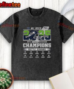 Official Seattle Seahawks NFC West Champions 2025-2026 Seed 1 helmet logo washed t-shirt, showcasing team pride.