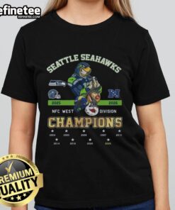 Official Seattle Seahawks NFC West Champions 2025 celebration ladies tee featuring team colors and logo.