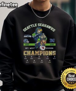 Alt Text: 2025 Official Seattle Seahawks NFC West Champions sweatshirt, showcasing team colors and celebratory design.