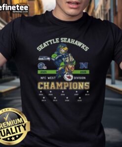 Official Seattle Seahawks NFC West Champions 2025 celebration t-shirt featuring team logo and vibrant graphics.