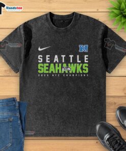Official Seattle Seahawks NFL AFC Championship 2026 washed t-shirt in blue, showcasing team logo and vintage style.
