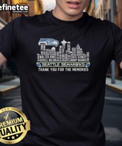 Alt Text: Official Seattle Seahawks Thank You For The Memories T-Shirt featuring a city skyline design, perfect for fans.