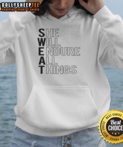 Official She Will Endure All Things Hoodie in black, featuring motivational text and stylish design for everyday wear.