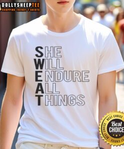 Official She Will Endure All Things T-Shirt featuring a motivational design in vibrant colors on a stylish black tee.