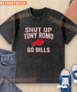 Official Shut Up Tony Romo Go Bills washed t-shirt featuring a bold graphic design, perfect for Buffalo Bills fans.
