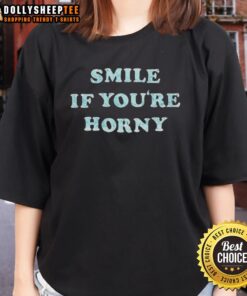 Vintage Cheech and Chong 'Smile If You're Horny' ladies tee featuring playful graphics and retro style.