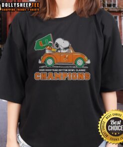 Alt Text: Official Snoopy and Woodstock Miami Hurricanes Cotton Bowl Classic Champions 2025 Ladies Tee, featuring vibrant graphics.