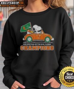 Alt Text: Official Snoopy and Woodstock Miami Hurricanes Cotton Bowl Classic Champions 2025 sweatshirt design.