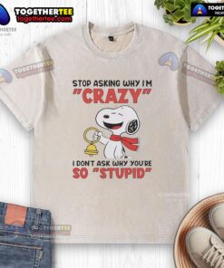 Alt Text: Official Snoopy holding a bell on a washed t-shirt with the quote about craziness and stupidity in bold letters.