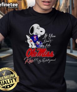 Alt Text: Official Snoopy 'If You Don't Like Ole Miss Rebels Kiss My Endzone' T-Shirt in navy blue, perfect for fans.