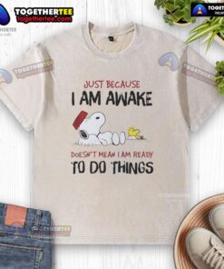 Alt Text: Official Snoopy Just Because I Am Awake Doesn't Mean I Am Ready To Do Things washed t-shirt featuring Snoopy design.