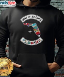 Alt Text: Official Son of America Florida Map Sports Logos Combine Hoodie featuring vibrant graphics and a stylish design.