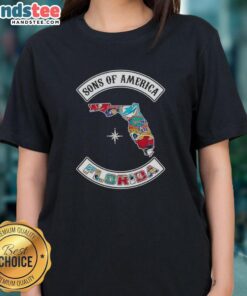 Official Son of America Florida Map Sports Logos Combine Ladies Tee featuring vibrant state map and team logos.