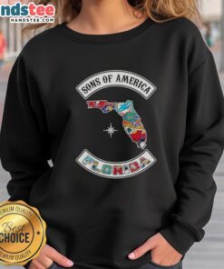 Alt Text: Official Son of America sweatshirt featuring Florida map and sports logos, perfect for fans and casual wear.