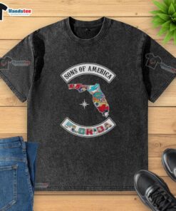Official Son of America Florida Map Sports Logos Combine Washed T-Shirt featuring vibrant graphics and comfortable fit.
