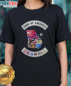 Official Son of America Georgia map with sports logos on a ladies tee, perfect for fans and casual wear.