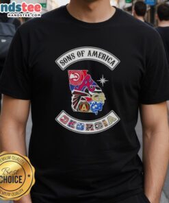 Official Son Of America Georgia Map T-Shirt featuring sports logos, perfect for fans and Georgia pride enthusiasts.