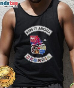 Alt Text: Official Son of America Georgia map tank top featuring sports logos, perfect for fans and summer style.