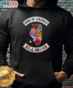 Alt Text: Official Son of America Illinois Map Sports Logos Combine Hoodie featuring vibrant graphics and a stylish design.