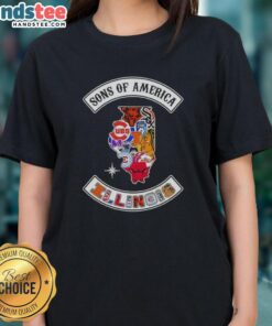 Alt Text: Illinois map featuring sports logos on a ladies tee, Official Son of America design for fans and sports enthusiasts.
