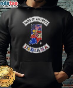 Alt Text: Official Son of America Indiana Map Sports Logos Combine Hoodie featuring vibrant graphics and a stylish design.