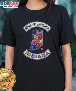 Official Son of America Indiana map with sports logos on a stylish ladies tee for fans and sports enthusiasts.