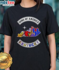 Official Son of America Kentucky map sports logos combine ladies tee showcasing vibrant graphics and state pride.