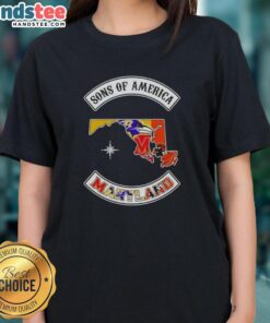 Official Son of America Maryland map sports logos combine ladies tee showcasing unique state pride and athletic spirit.